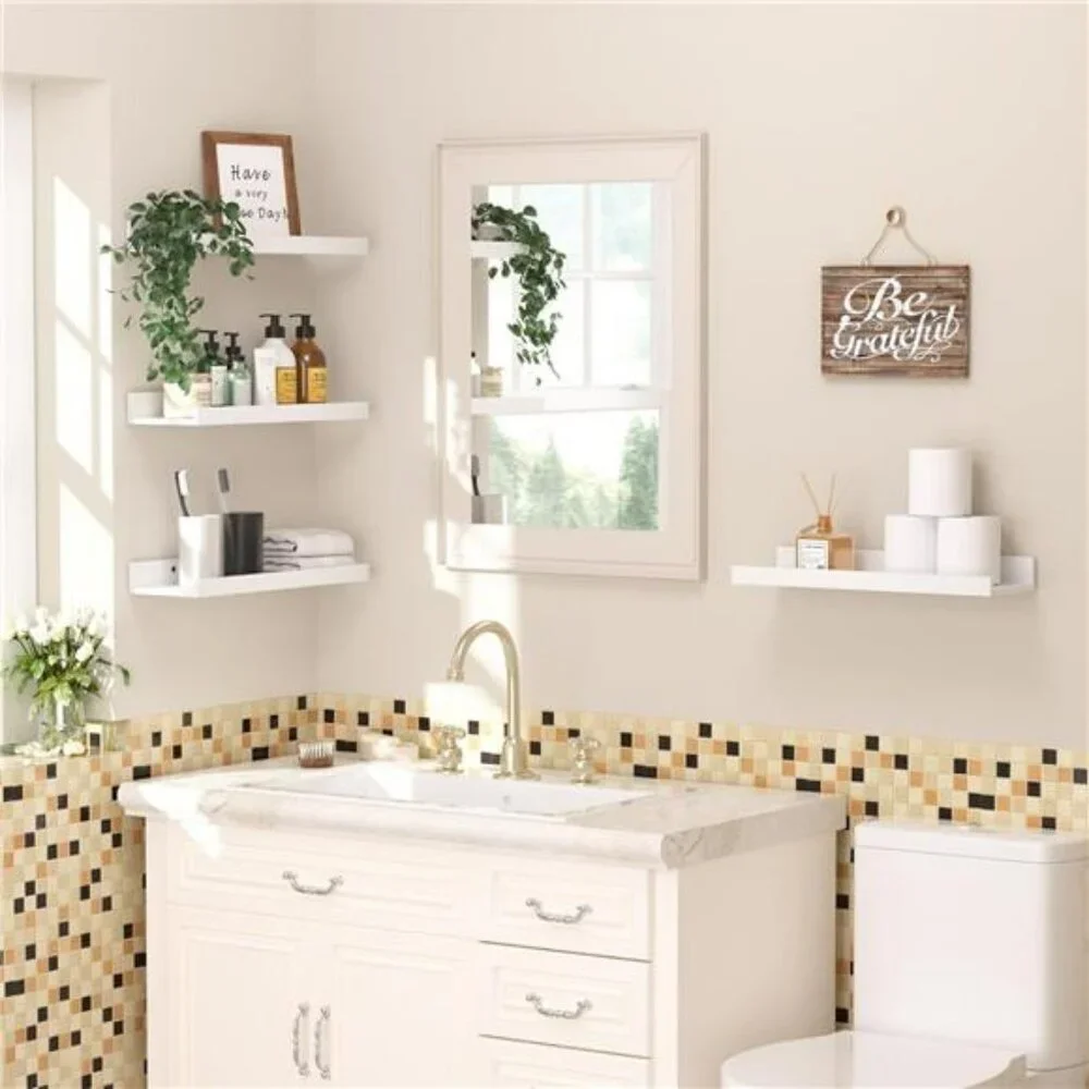 Upsimples Floating Wall Shelves Set of 6 Wood Storage for Home Decor White